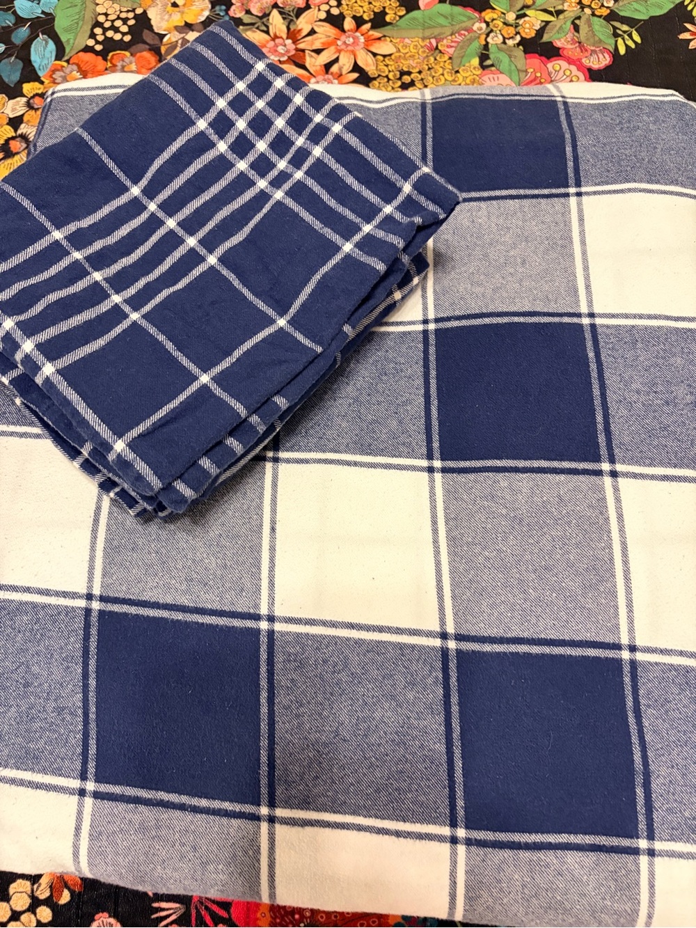 Lands' End Blue White Flannel Windowpane Queen Full Duvet Cover & 2 pillowcases